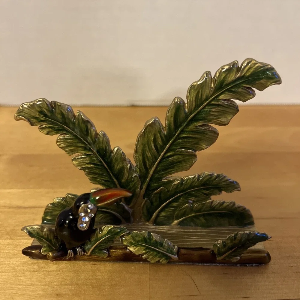 Brass Enamel Toucan Rhinestone Palm Leaf Letter Holder size 4.25